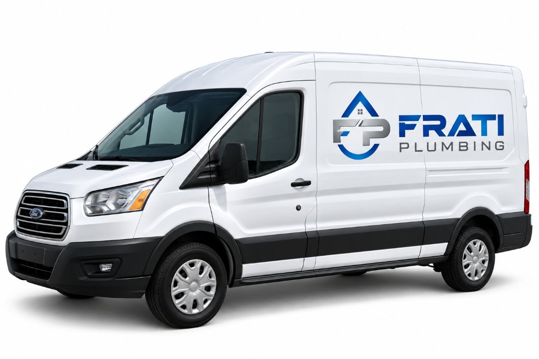 White Ford Transit van with Frati Plumbing blue logo on side panel